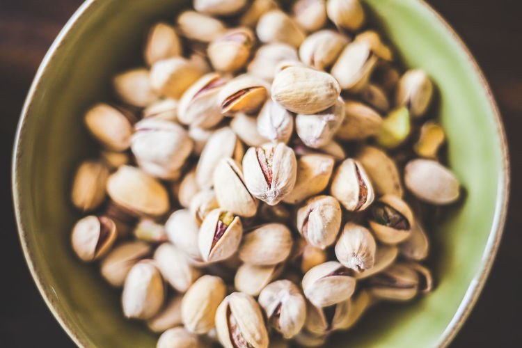 Directly above shot of pistachios in bowl