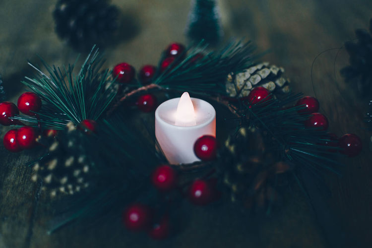 Close-up of christmas decorations on table