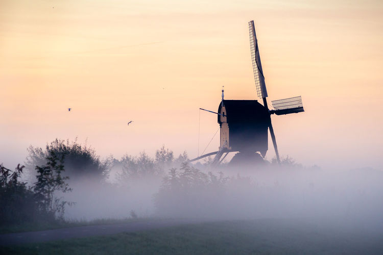 Traditionell windmill  on field against sky during sunset, kinderdijk 