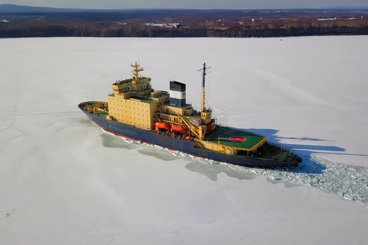 High angle view of ship on sea during winter