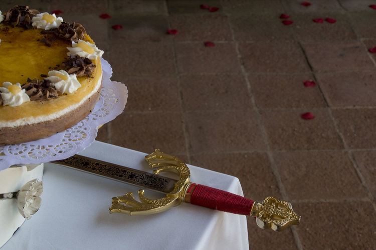 High angle view of cake on table