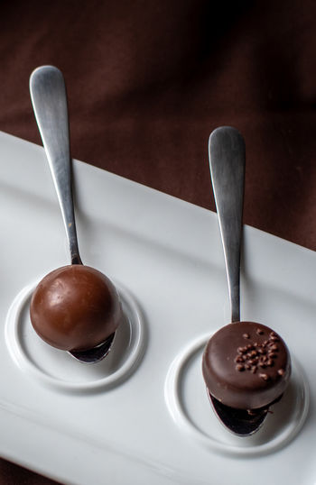 A single chocolate is placed on a tasting spoon for just a bite of gourmet chocolate