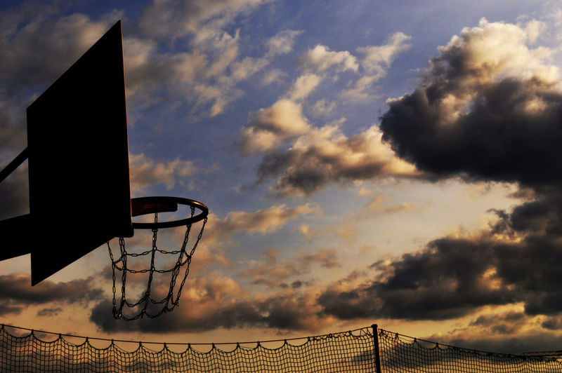 Low angle view of silhouette basketball hoop against sky during sunset