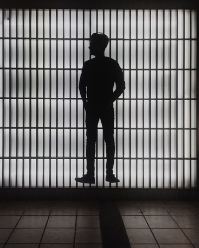 Rear view of silhouette man standing at home