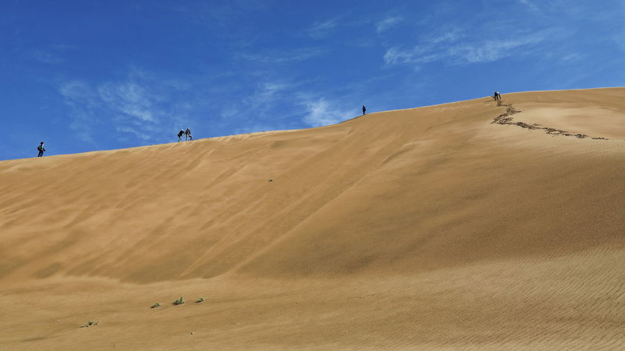 1183 tourist group climb the 420 ms.of nuoertu lake w.megadune- biggest of badain jaran desert-china