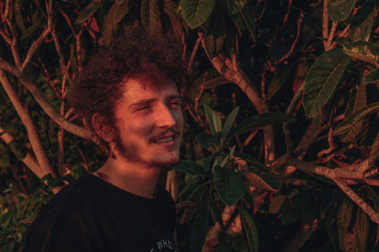 Portrait of young man against plants at night