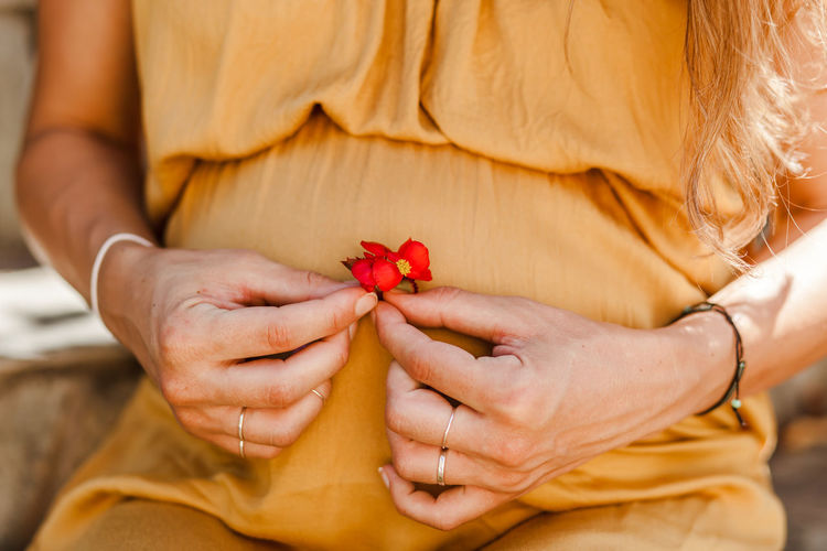Midsection of pregnant woman holding flower while sitting outdoors
