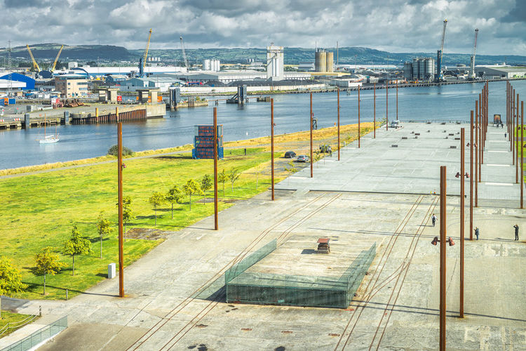 Elevated view from titanic museum on belfast harbour and docks, northern ireland