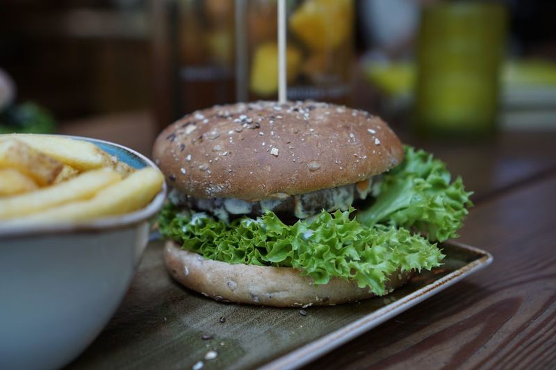 Close-up of burger in plate on table