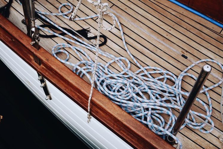High angle view of rope on empty deck