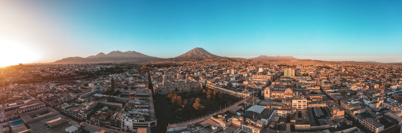 Aerial view on arequipa main square and historical centre with el misti volcano in the background