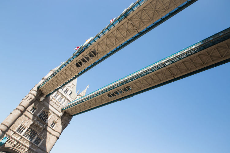 Low angle view of tower bridge against clear blue sky