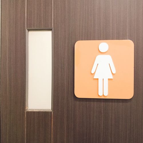 Close-up of female restroom sign on wooden door