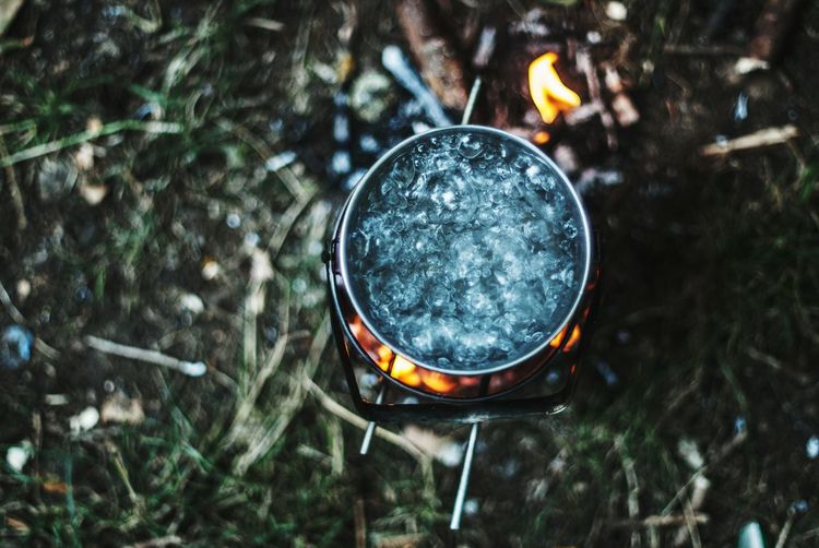 Directly above shot of water boiling camping stove