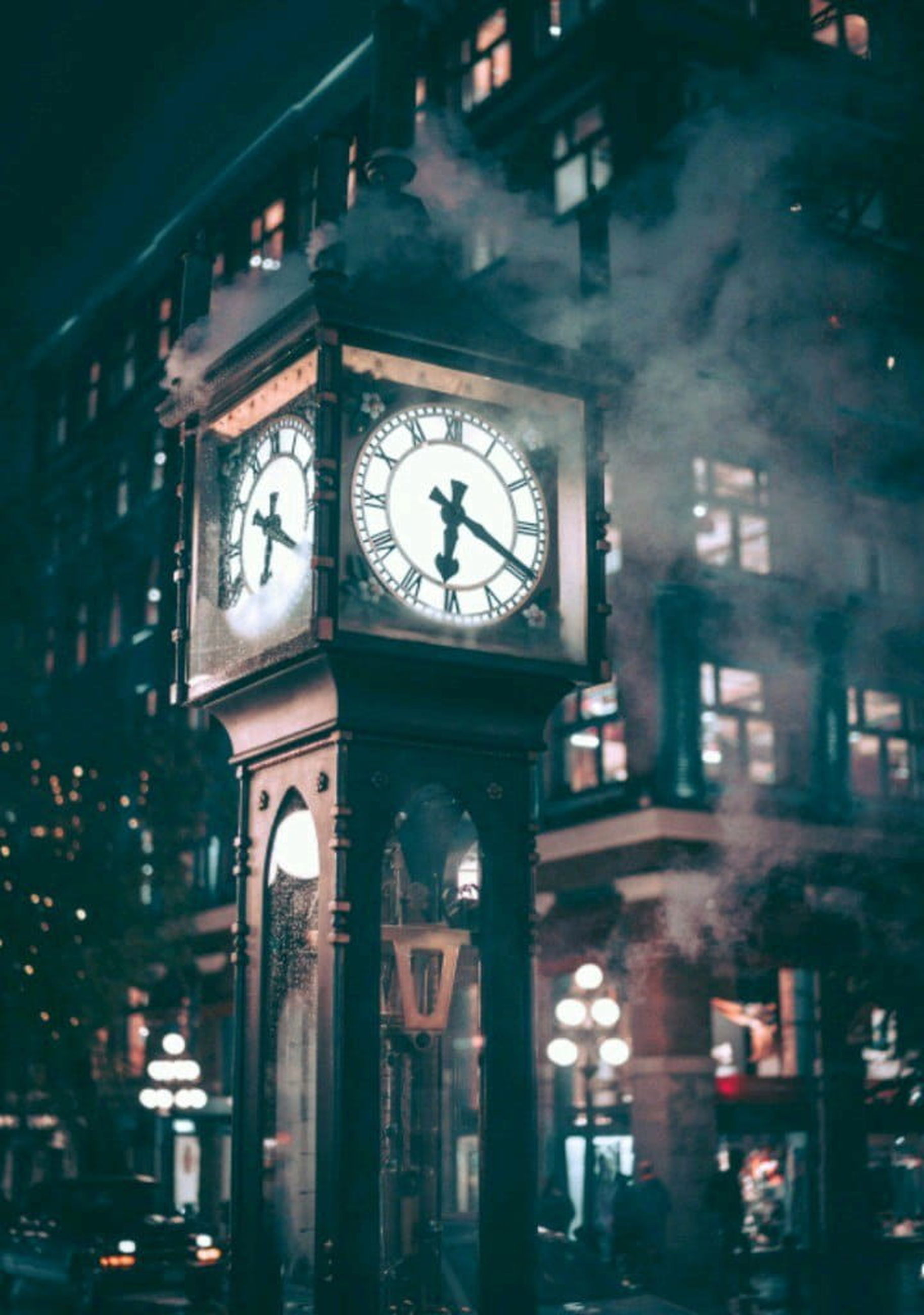 clock, time, architecture, wall clock, darkness, night, building exterior, clock face, built structure, light, city, no people, illuminated, clock tower, lighting, instrument of time, building, street, clock hand, roman numeral, travel destinations, transportation