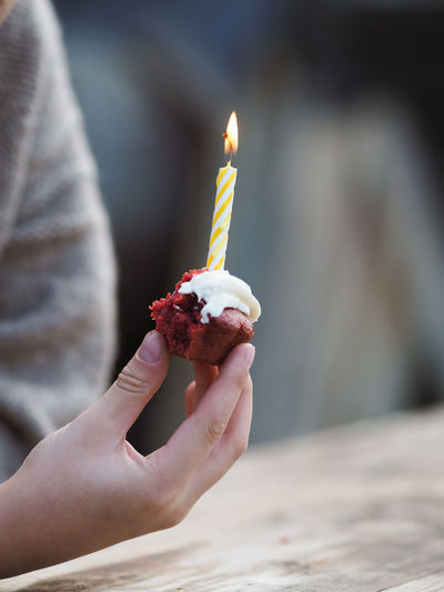 Little boy holding a birthday cake with a lighted candle