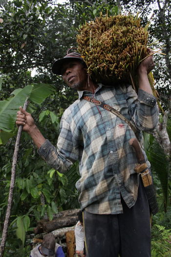 Low angle view of farmer carrying crop on shoulder