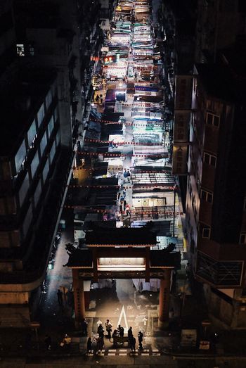 High angle view of illuminated market at night