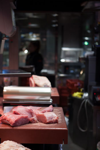 Close-up of meat on counter at restaurant