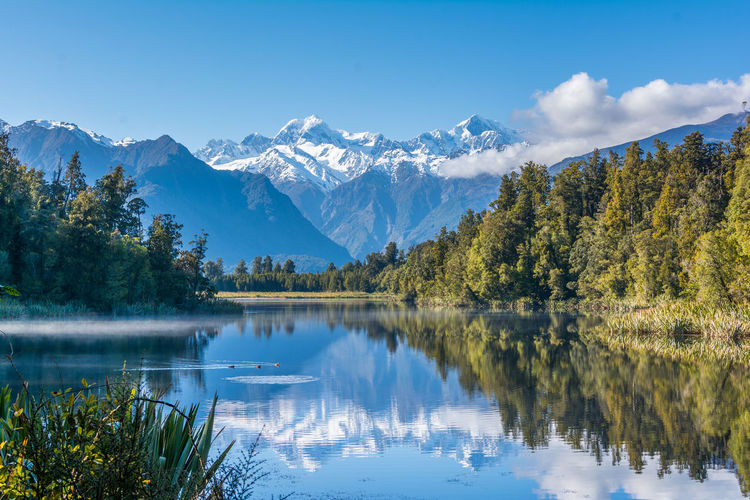 Snowcapped mountains reflected in tranquil lake