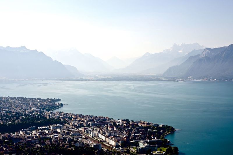 High angle view of city on coast