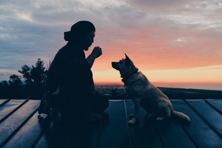 Man with dog sitting against sky during sunset