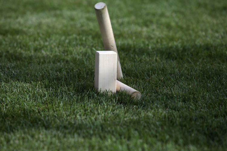 Close-up of wooden toy on grassy field