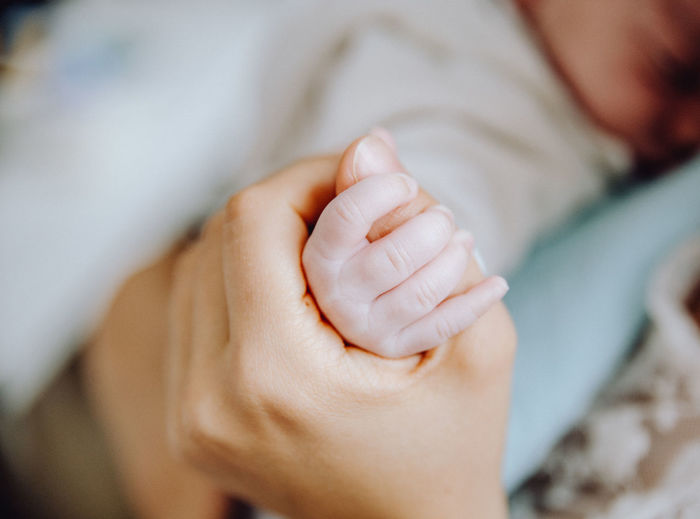 Cropped image of woman holding baby hand at home