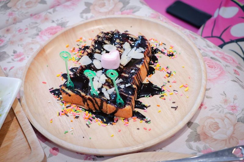 High angle view of cake in plate on table
