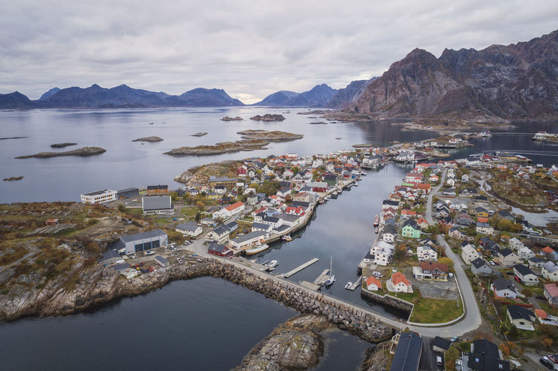 Fishing village on the lofoten islands from an aerial point of view