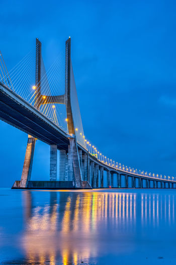 The cable-stayed vasco da gama bridge across the river tagus in lisbon, portugal, at dusk