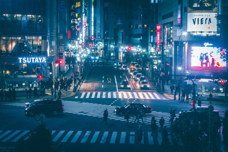 High angle view of city street at night