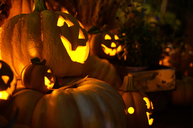 Close-up of illuminated pumpkin during halloween