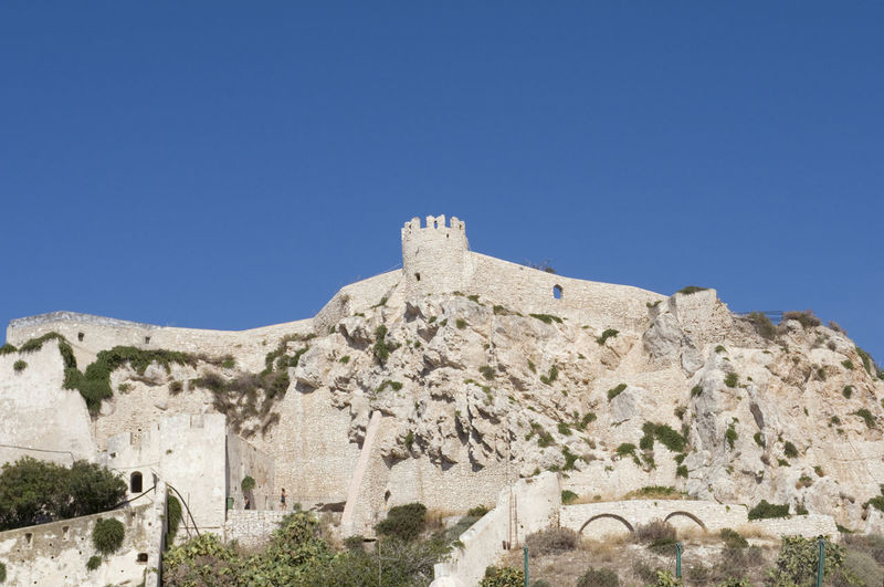 Low angle view of built structure against clear blue sky