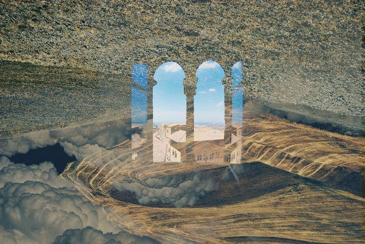 Double exposure of window view against tuscany land