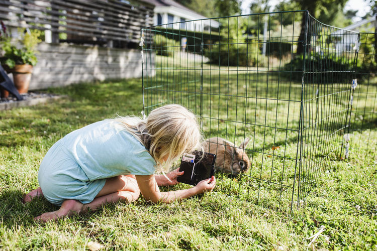 Girl taking picture of rabbit in cage