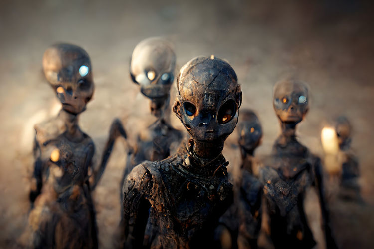 Group of ugly barely humanoid aliens in ominous misty atmosphere, neural network generated art