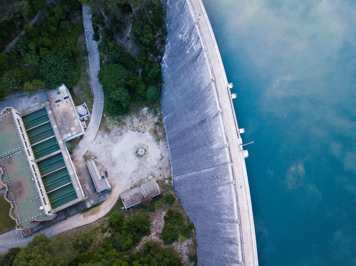High angle top down view of dam
