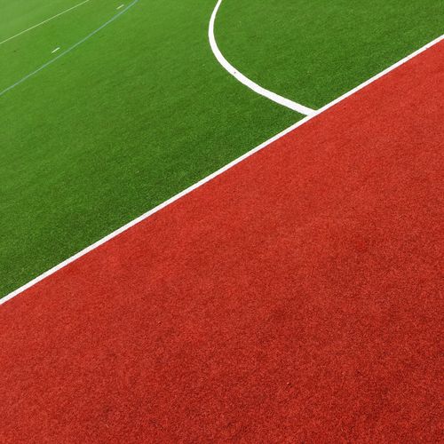 High angle view of empty soccer field