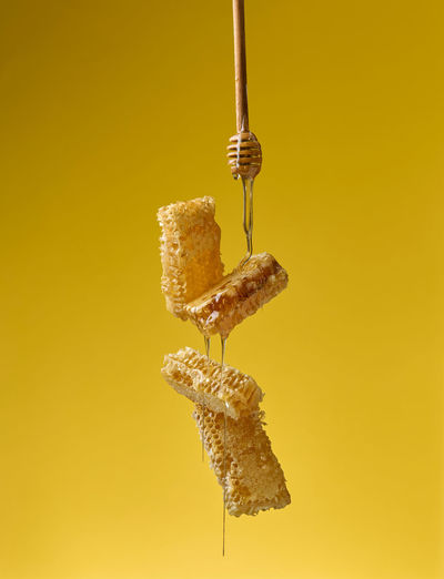 Pouring transparent sweet honey from a wooden stick on a wax honeycomb. yellow background. food