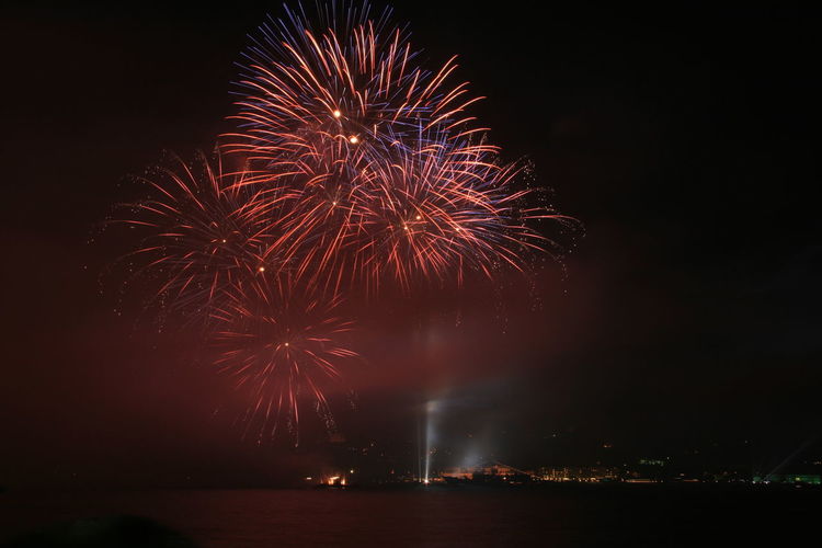 Firework display in sky over sea at night