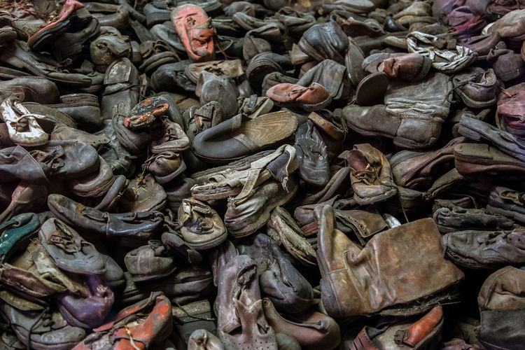 Holocaust concept jewish shoes for remembrance day, auschwitz birkenau