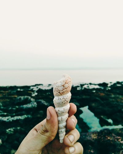 Close-up of hand holding ice cream in sea against clear sky