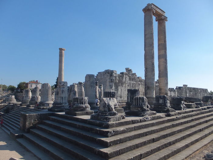 Historic ruins of temple of apollo at didyma against sky