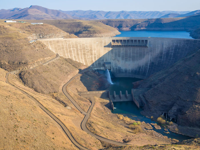 High angle view of katse dam hydroelectric power plant in mountains of lesotho, africa