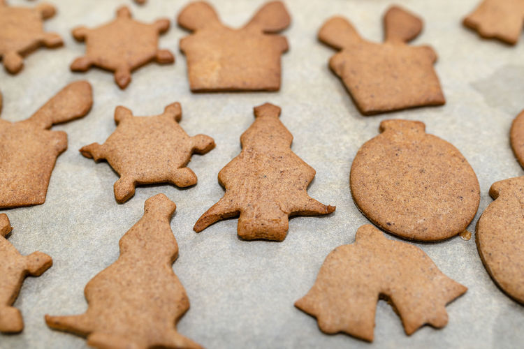 Baked gingerbread cookies in various shapes without decorations, lying on baking paper.