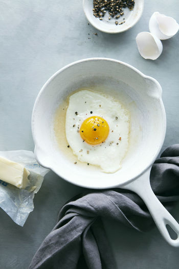 Fried sunny side up egg in frying pan