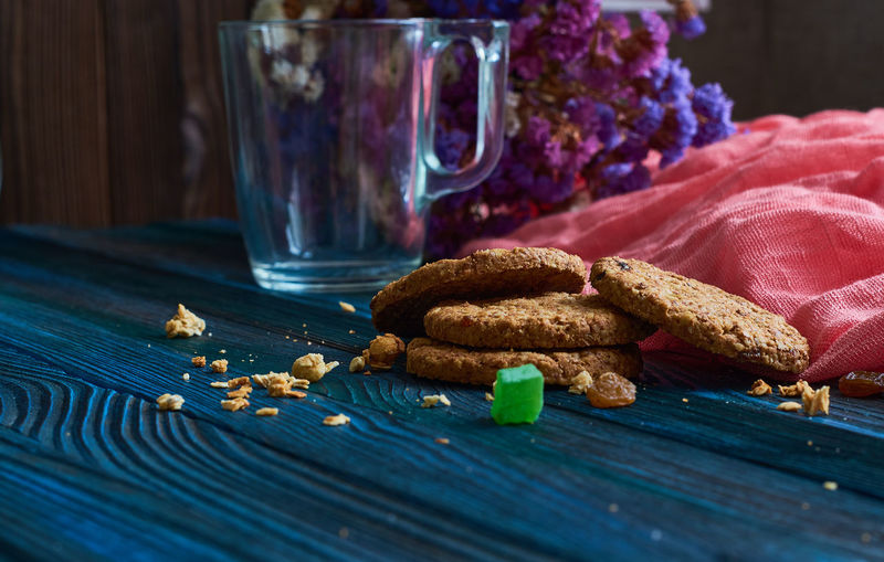 Close-up of cookies in jar on table
