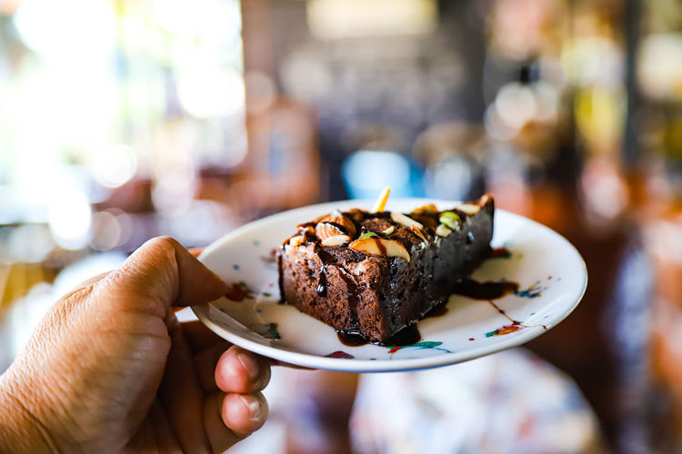 Close-up of hand holding chocolate cake in plate