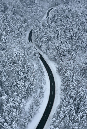 High angle view of road in winter